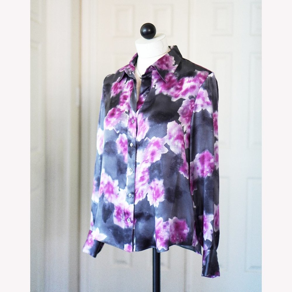EUC 100% Silk Ellen Tracy Gray/Purple Floral Shirt Size 6